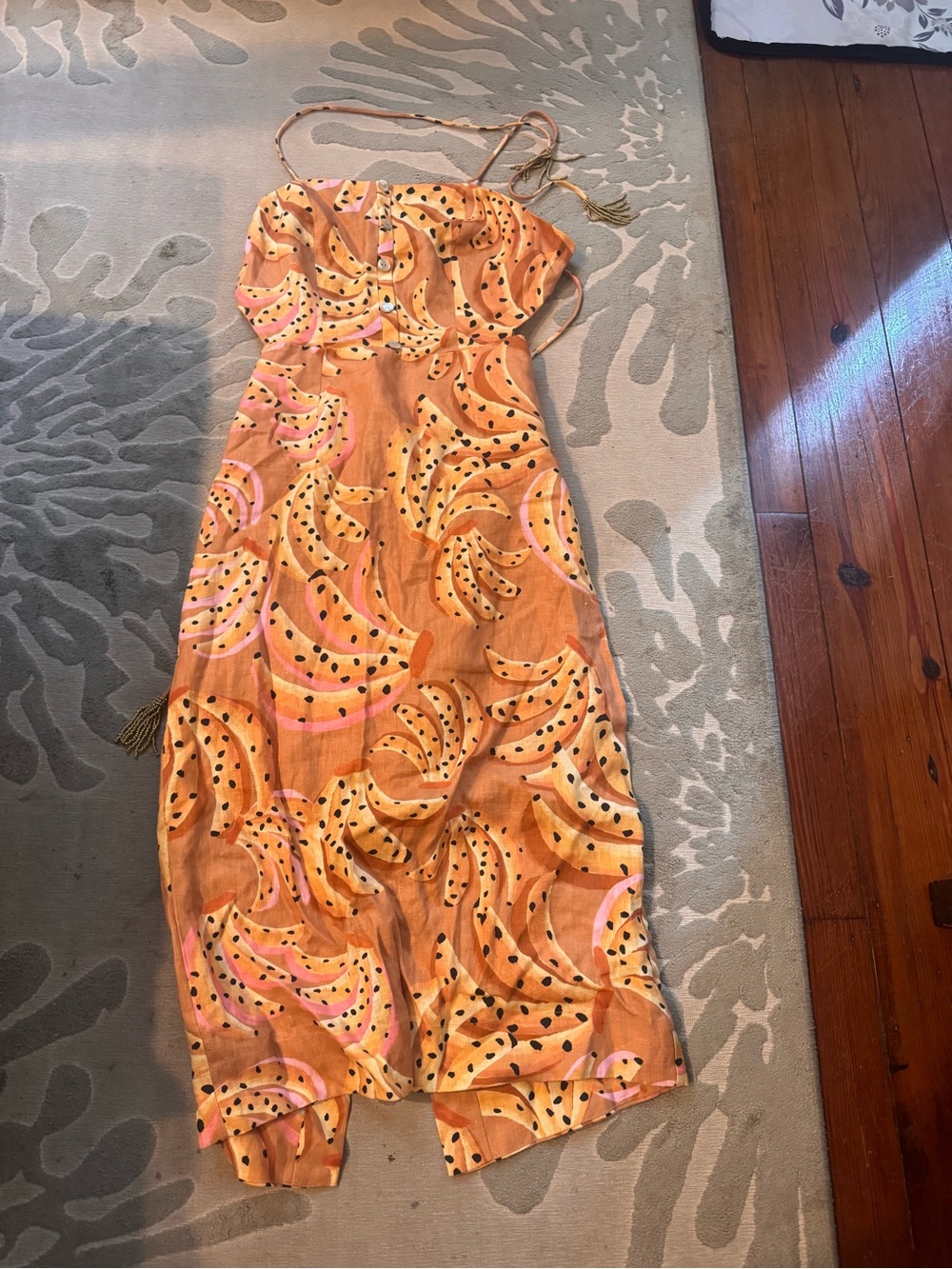 FARM Rio Orange Banana Print Halter Dress with Pink Accents